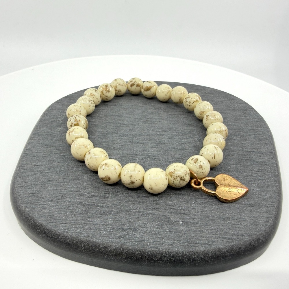 Cream Speckled Bead Bracelet Bronze Tone Heart Charm Boho Stackable Accessory